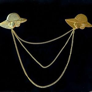 Vintage Modesty Shirt Collar Clip Brooch Gold Woman Hat Triple Chain Accessory